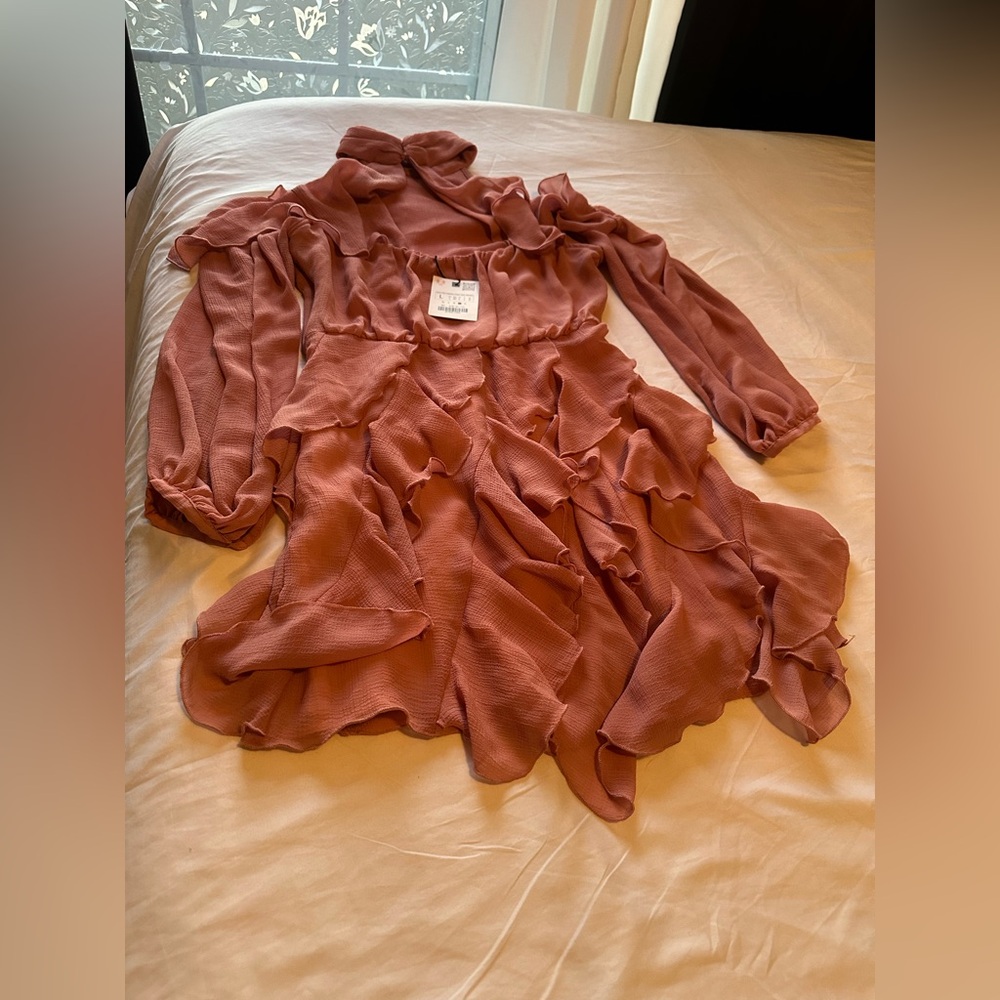 ZARA WOMAN HIGH COLLAR RUFFLED MINI DRESS MARSALA Size : Large, P2P: 17 inches - Picture 5 of 11